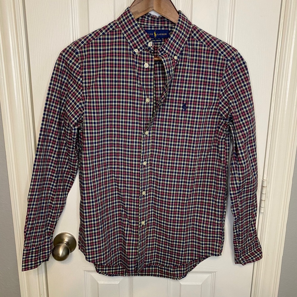 Ralph Lauren Boys Plaid Button Down Shirt Natural Stretch Navy Red Large 14 16